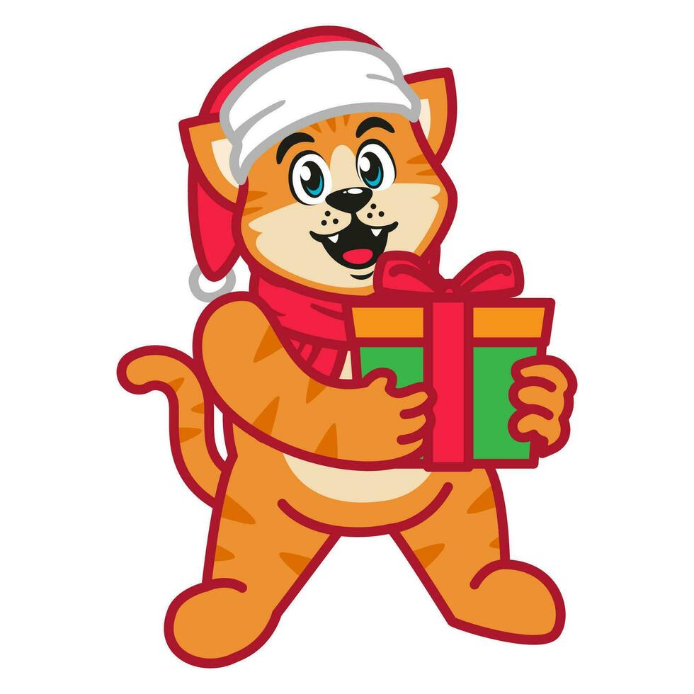 Cute Cat in Christmas Costume with Gift Box vector