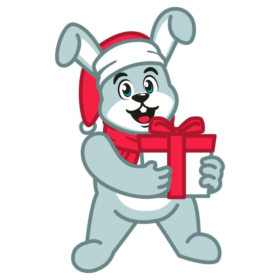 a Cute Rabbit in a Santa Hat and red scarf Holding a Christmas Gift vector