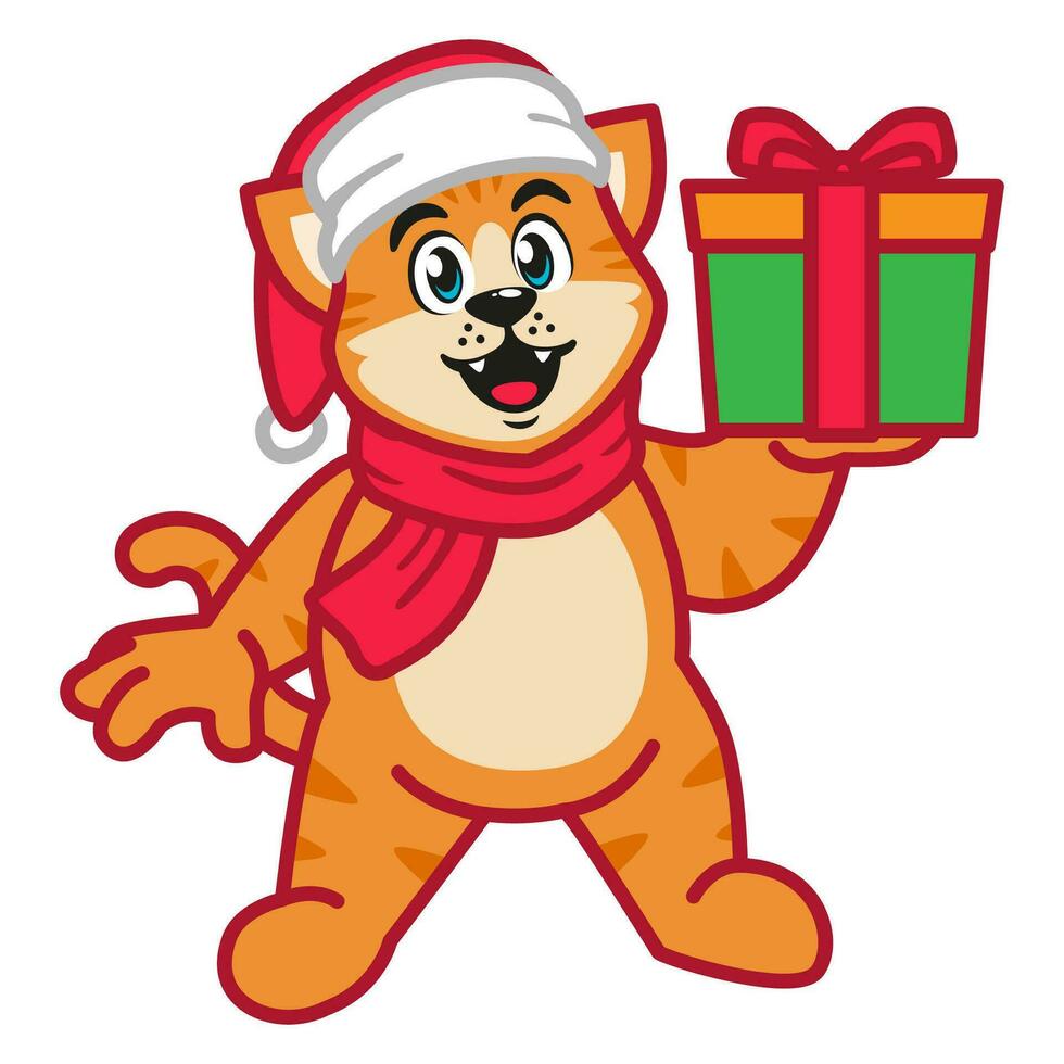 Cute Cat in Christmas Costume with Gift Box vector