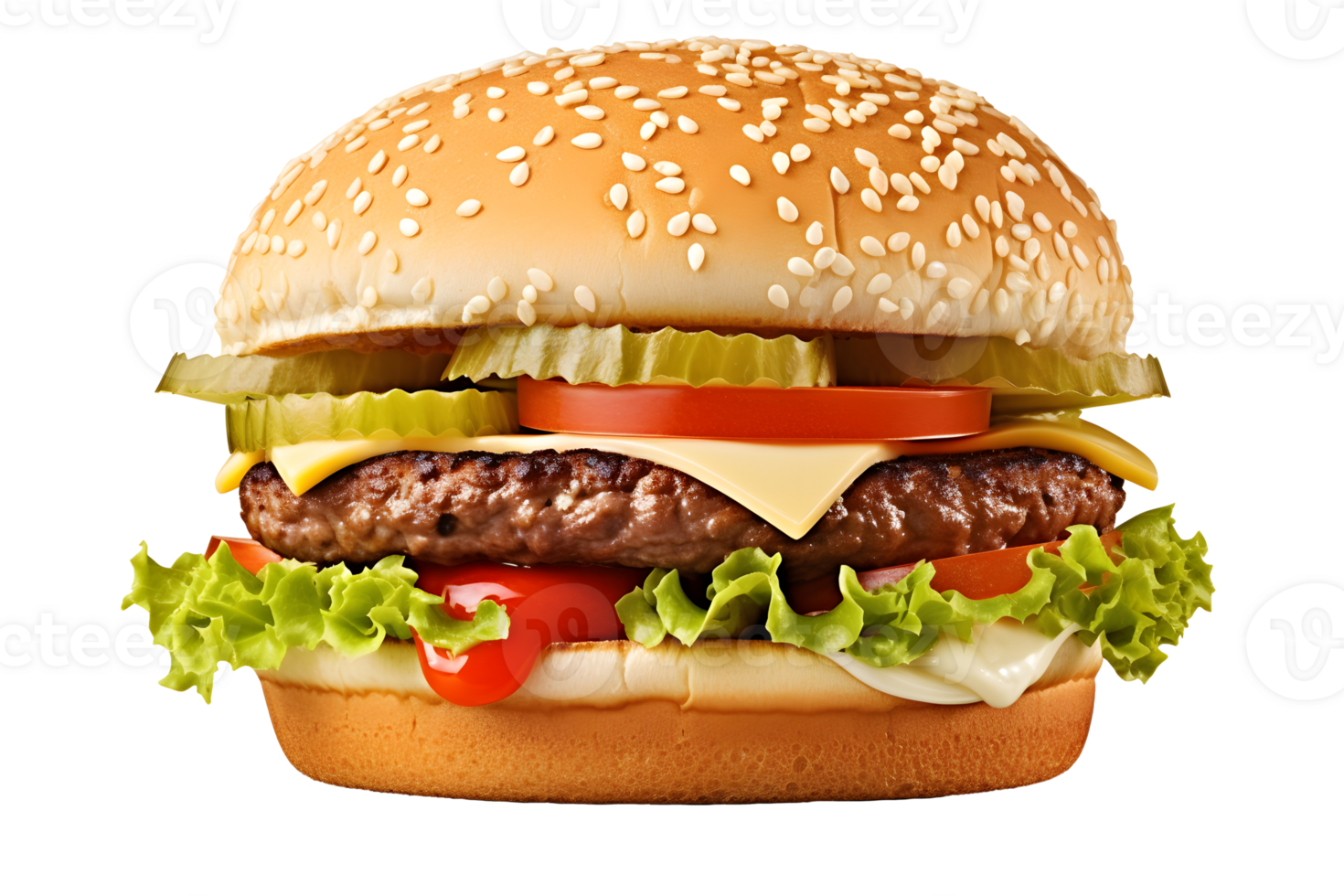 ai généré proche en haut photo de juteux gros Hamburger avec fromage, sésame chignon, cornichons et tomates. transparence png à l'intérieur