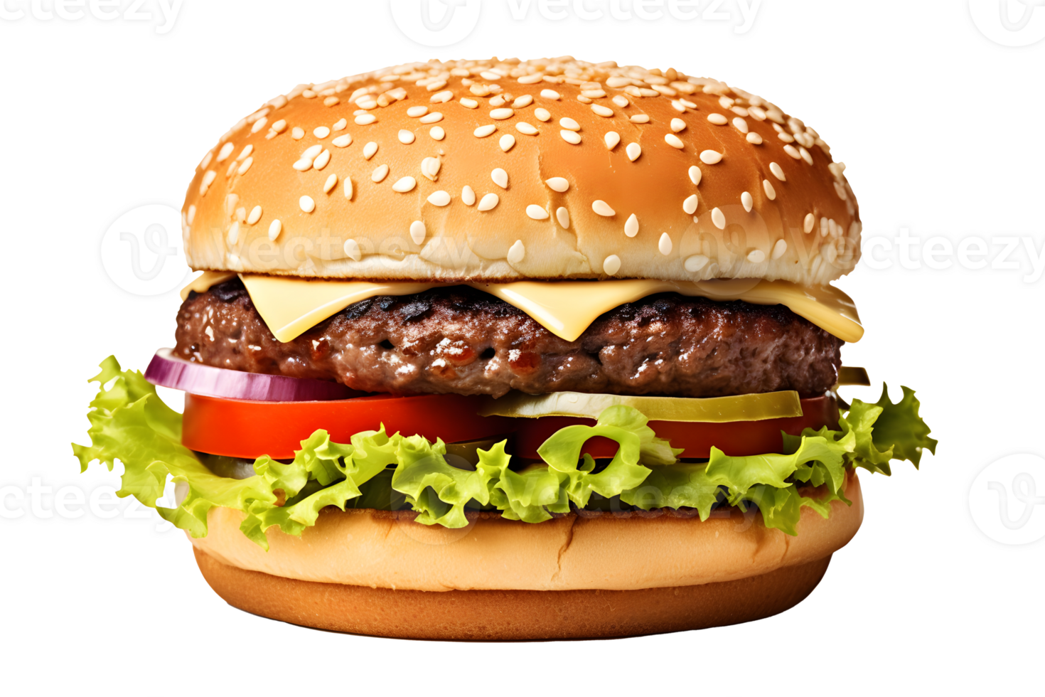ai gegenereerd dichtbij omhoog foto van sappig groot Hamburger met kaas, sesam broodje, augurken en tomaten. transparantie PNG binnen