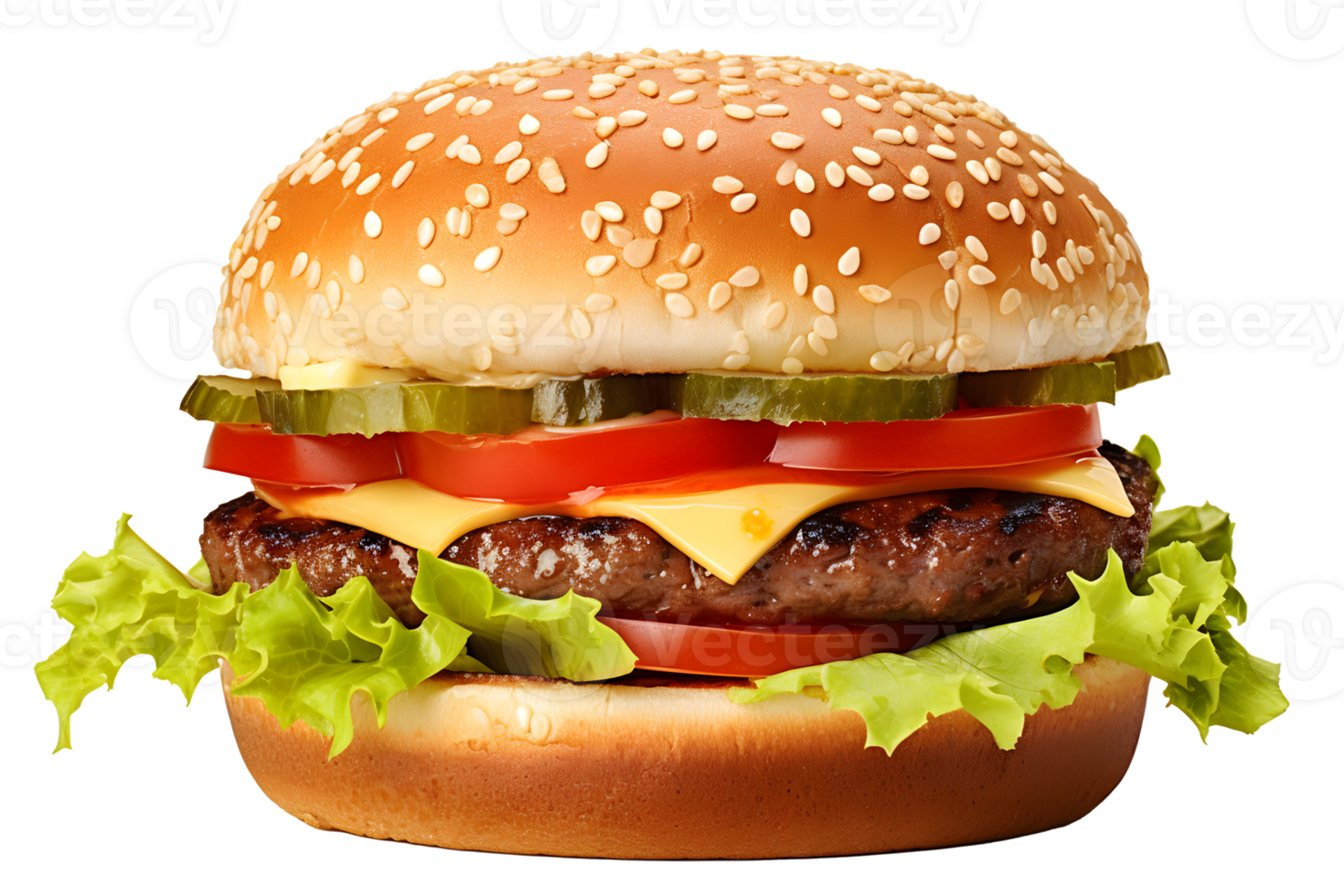 ai generiert schließen oben Foto von saftig groß Hamburger mit Käse, Sesam Brötchen, Gurken und Tomaten. Transparenz png Innerhalb