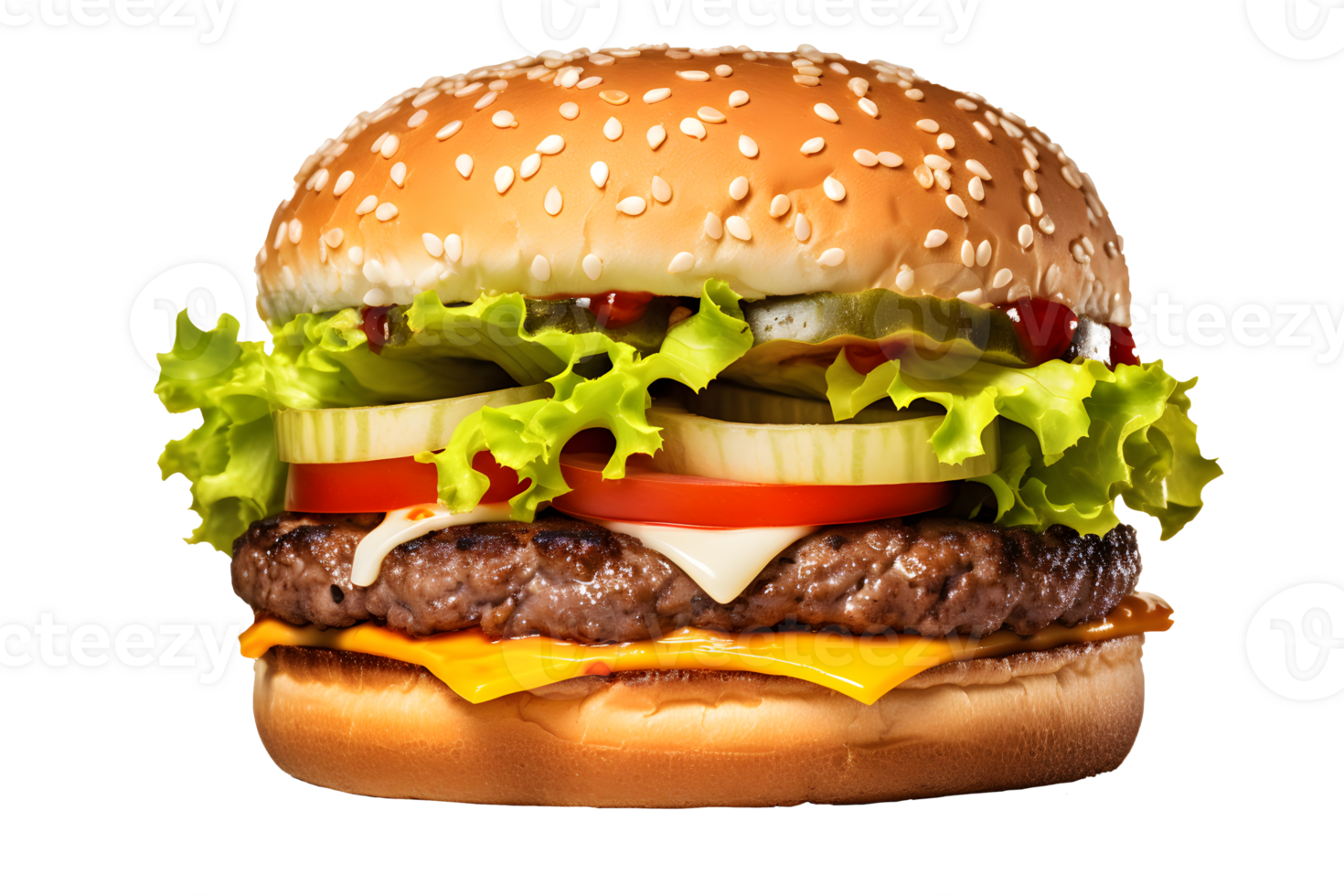 ai generiert schließen oben Foto von saftig groß Hamburger mit Käse, Sesam Brötchen, Gurken und Tomaten. Transparenz png Innerhalb