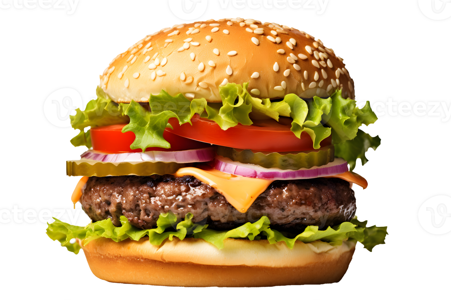 ai generado cerca arriba foto de jugoso grande hamburguesa con queso, sésamo bollo, pepinillos y Tomates. transparencia png dentro