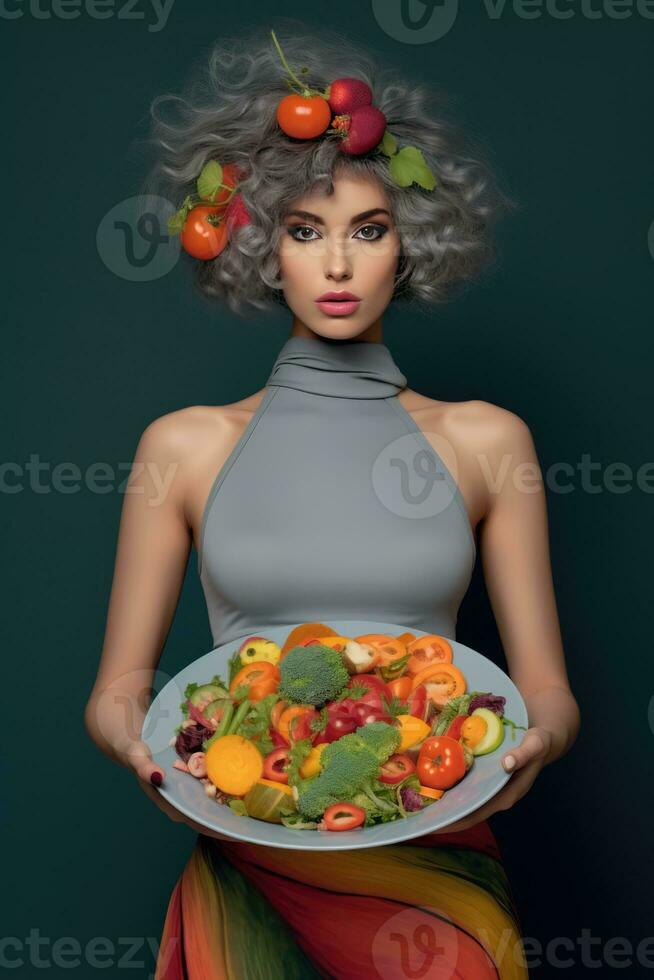 ai generado hembra modelo presentación un Fresco y vistoso plato de estacional frutas foto