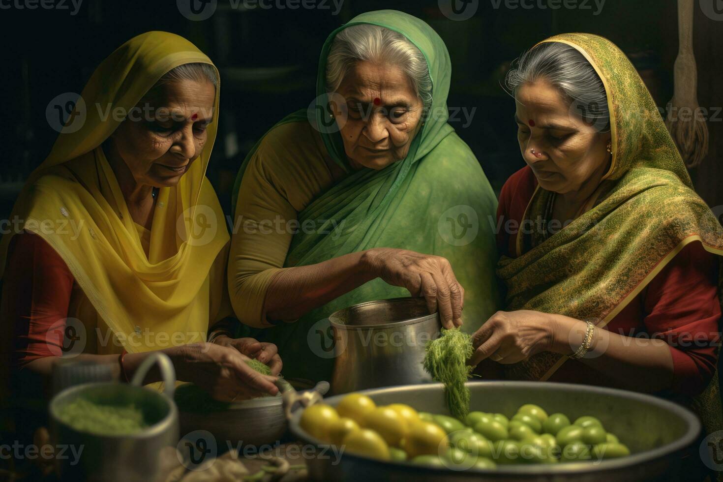 AI generated Three Indian women in traditional attire preparing food in a kitchen photo