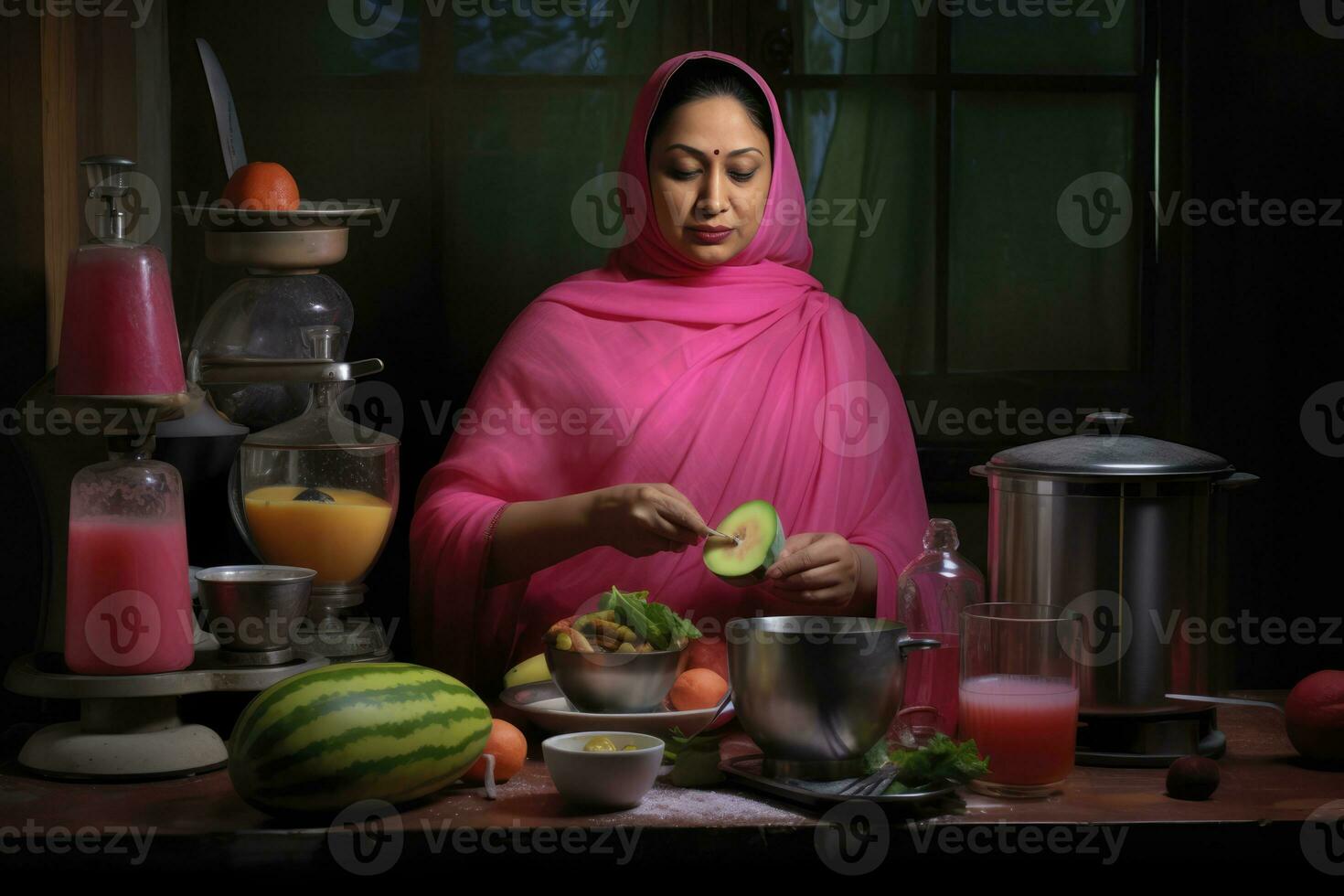 AI generated A woman preparing fresh fruit in the kitchen photo