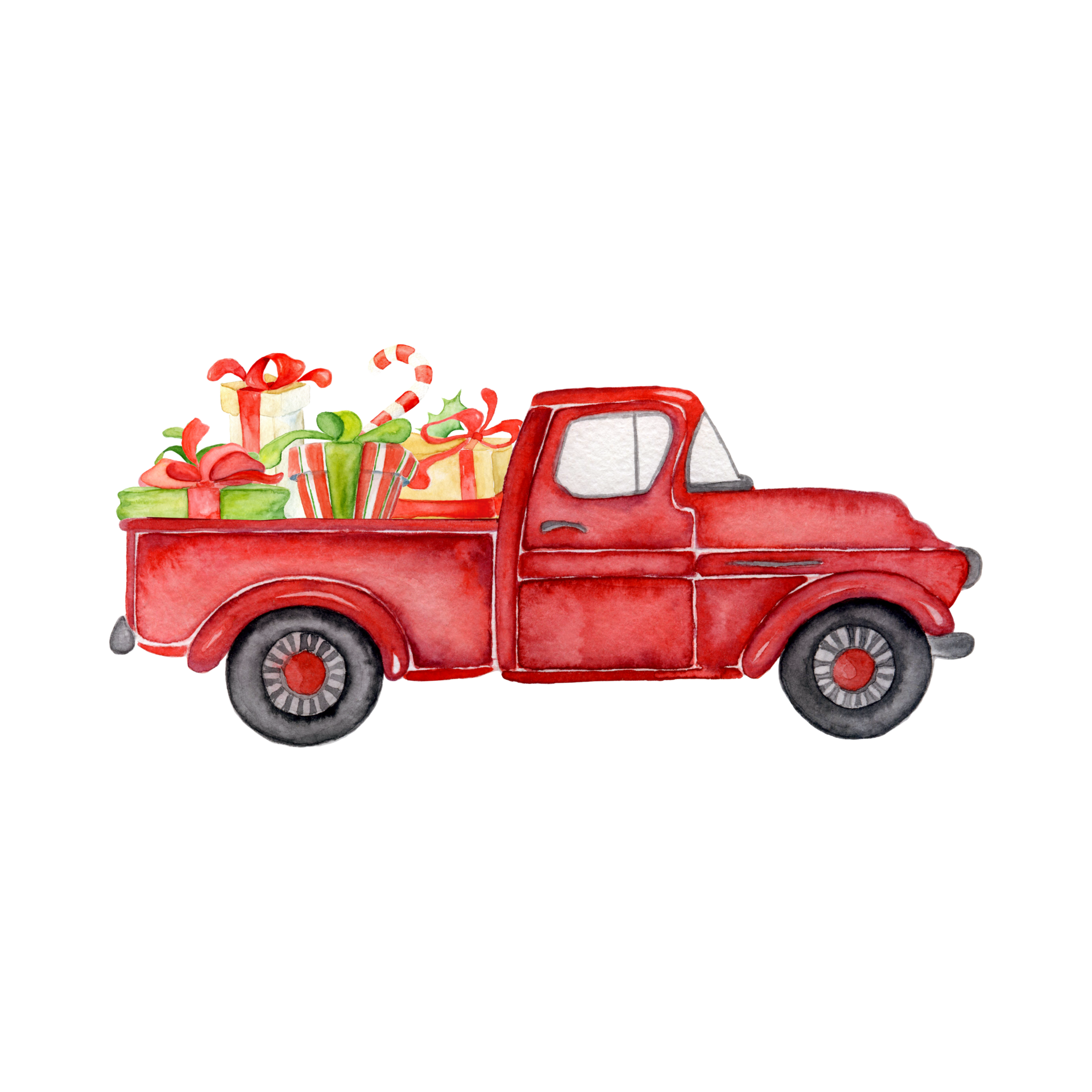 Red watercolor Christmas truck with gifts boxes, isolated on