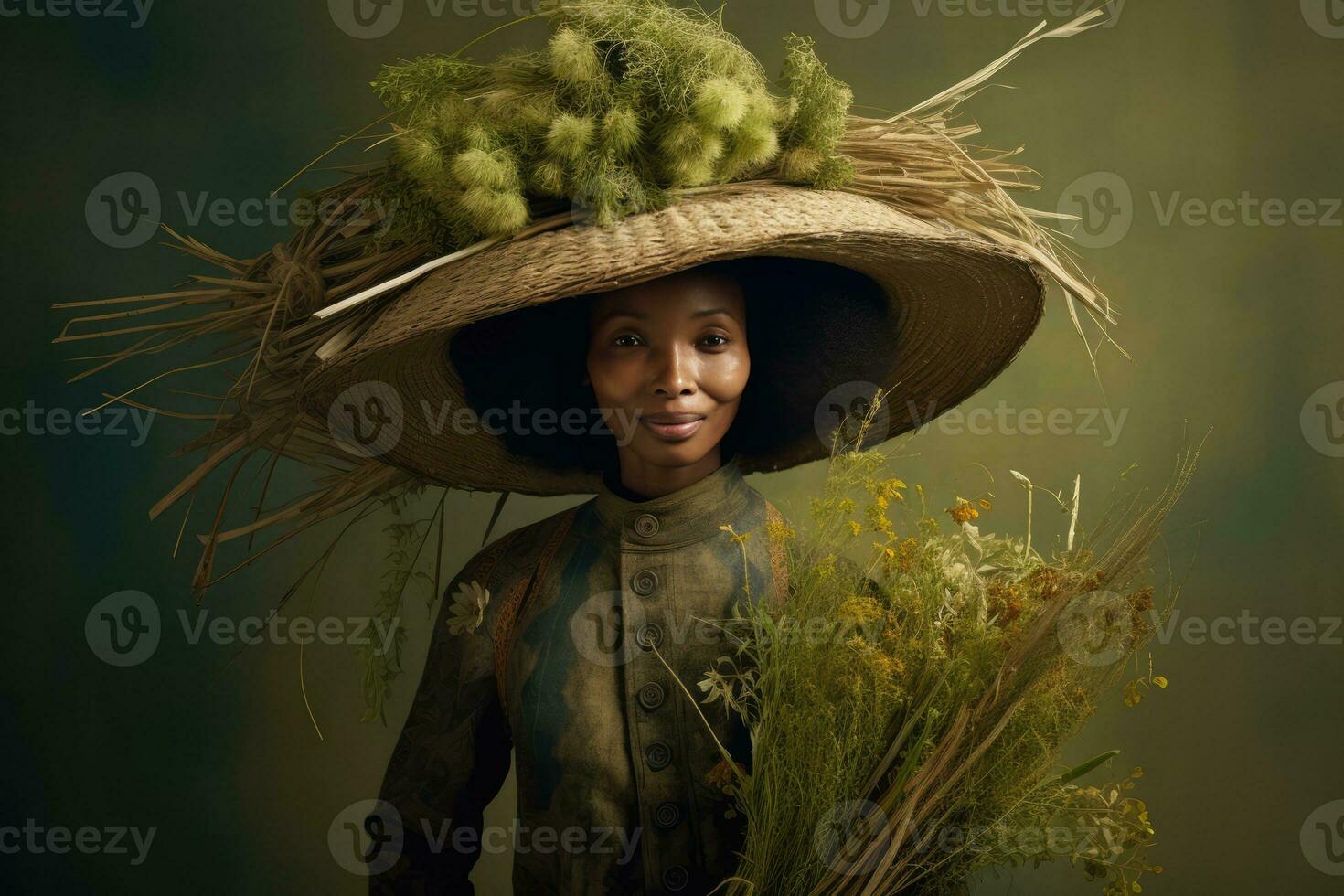 AI generated African American woman with naturally curly hair wearing a wide-brimmed hat photo