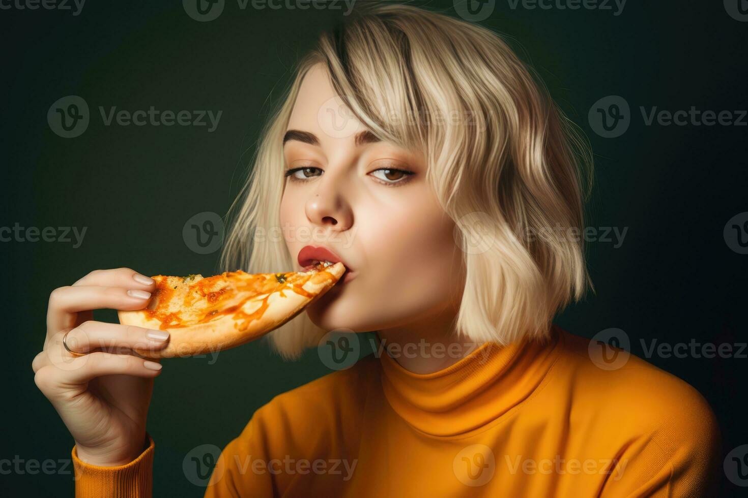 ai generado disfrutando un delicioso rebanada de Pizza foto