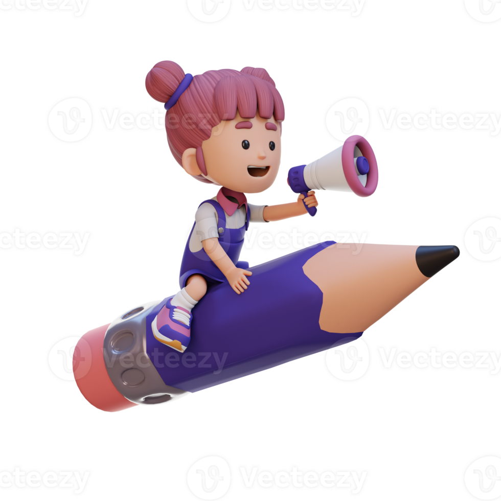 3D girl character riding a pencil and holding megaphone png