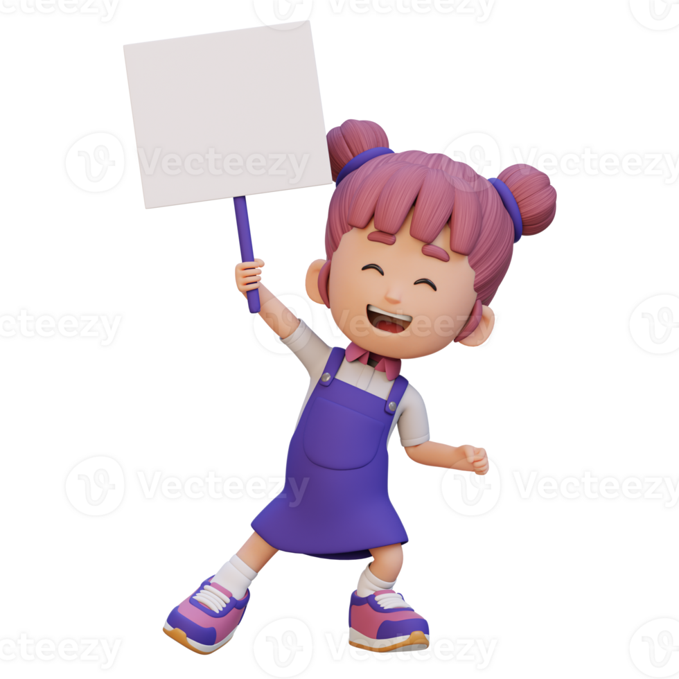 3D girl character holding a blank placard png