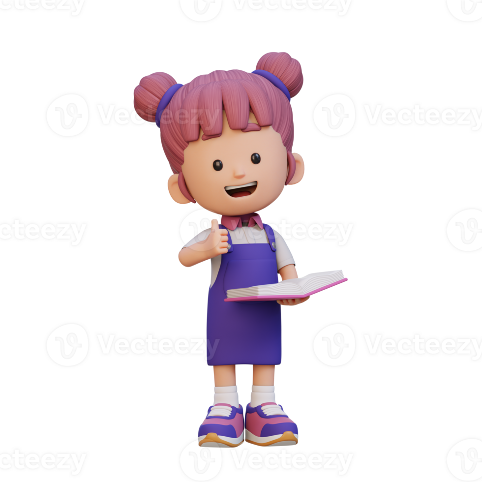 3D happy girl character reading book png