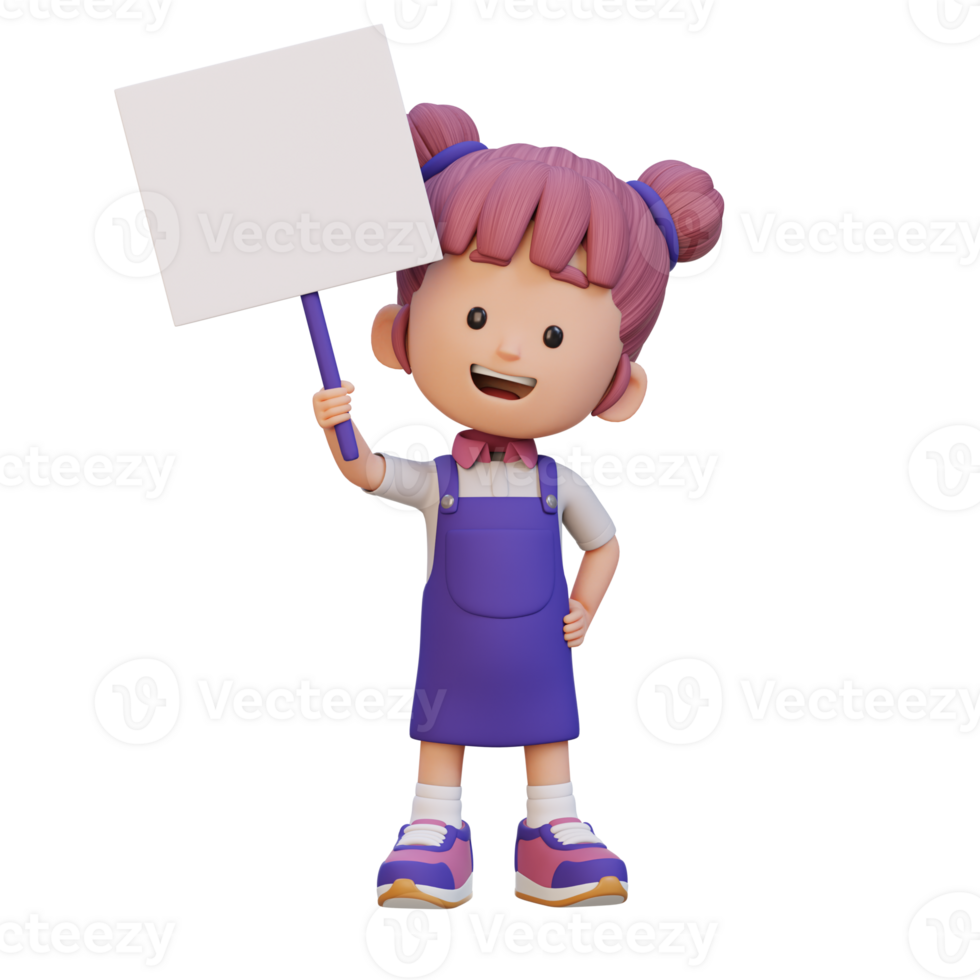 3D girl character holding a blank placard png