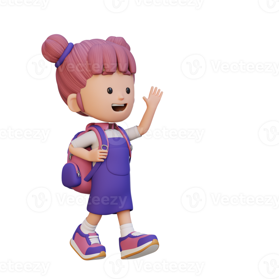 3D happy girl character walking and waving hand png