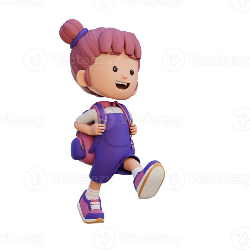 3D happy girl character walking go to school holding bag png
