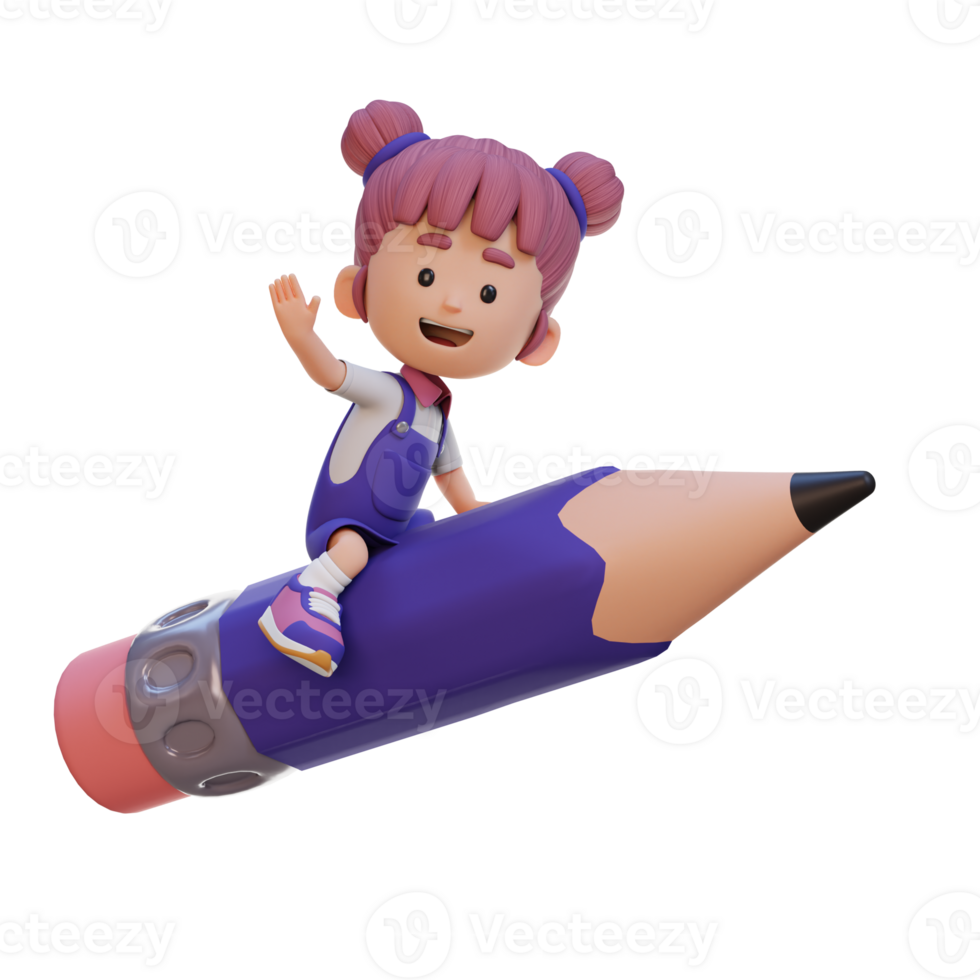 3D girl character riding a pencil and waving hand png