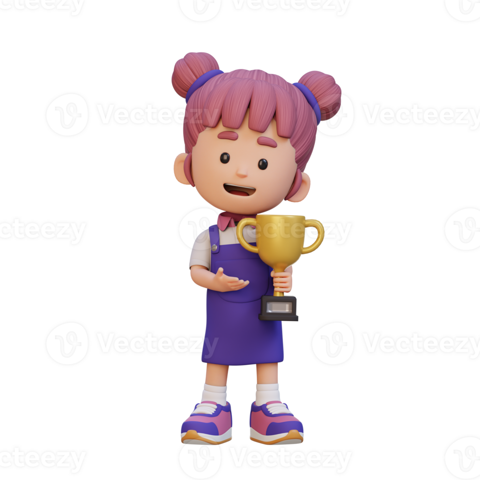 3d fille personnage célébrer gagner en portant une trophée png