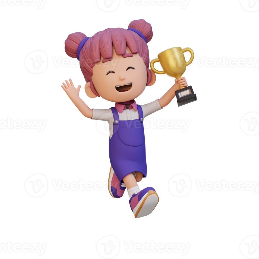 3D girl character celebrating win holding a trophy png