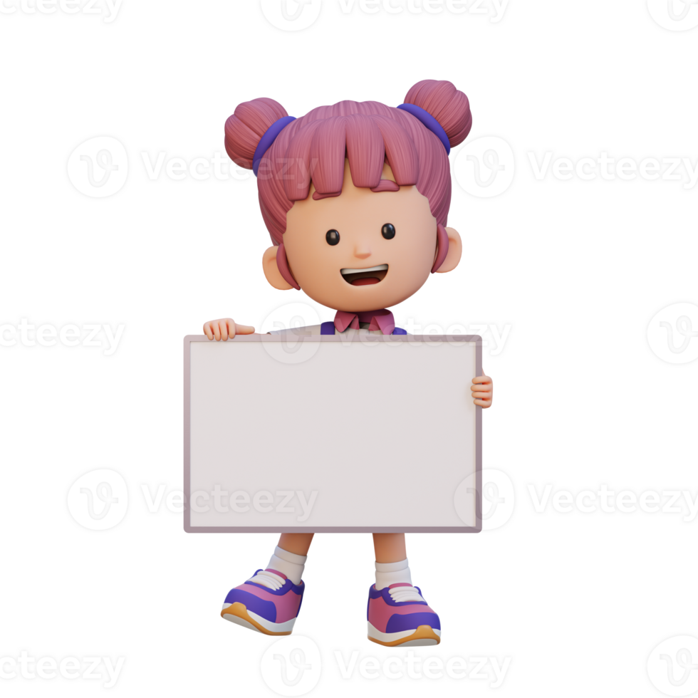 3D girl character holding a blank placard png