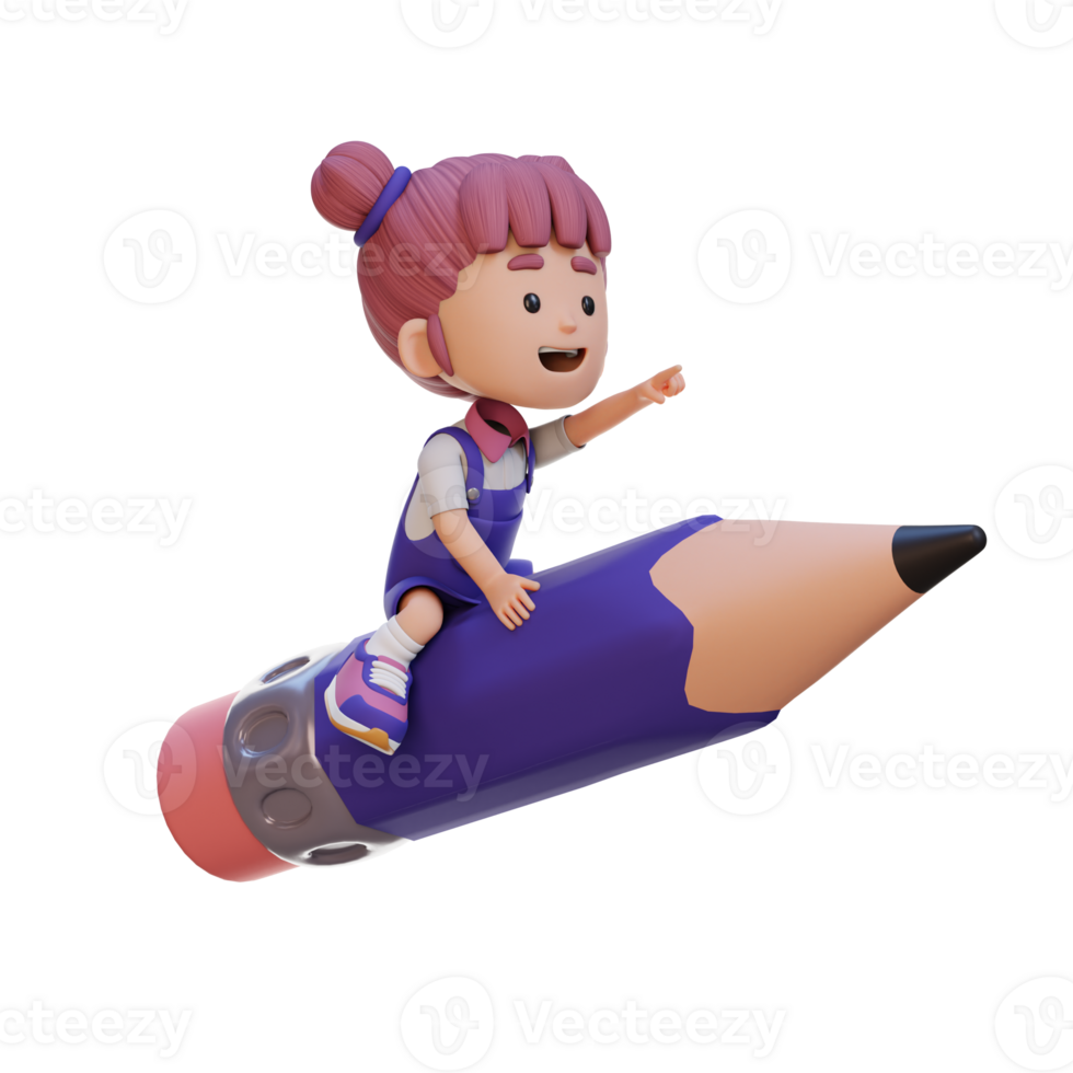 3D girl character riding a pencil and pointing hand png