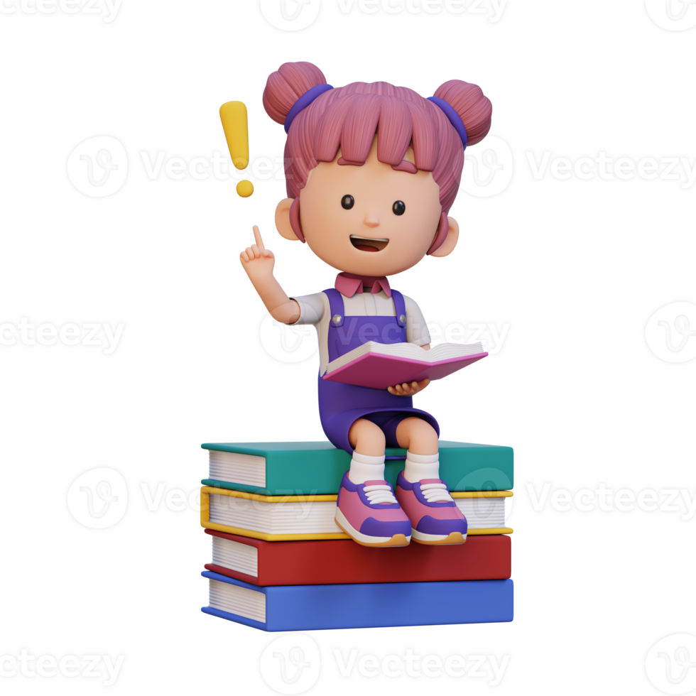 3D girl character get an idea when reading a book png