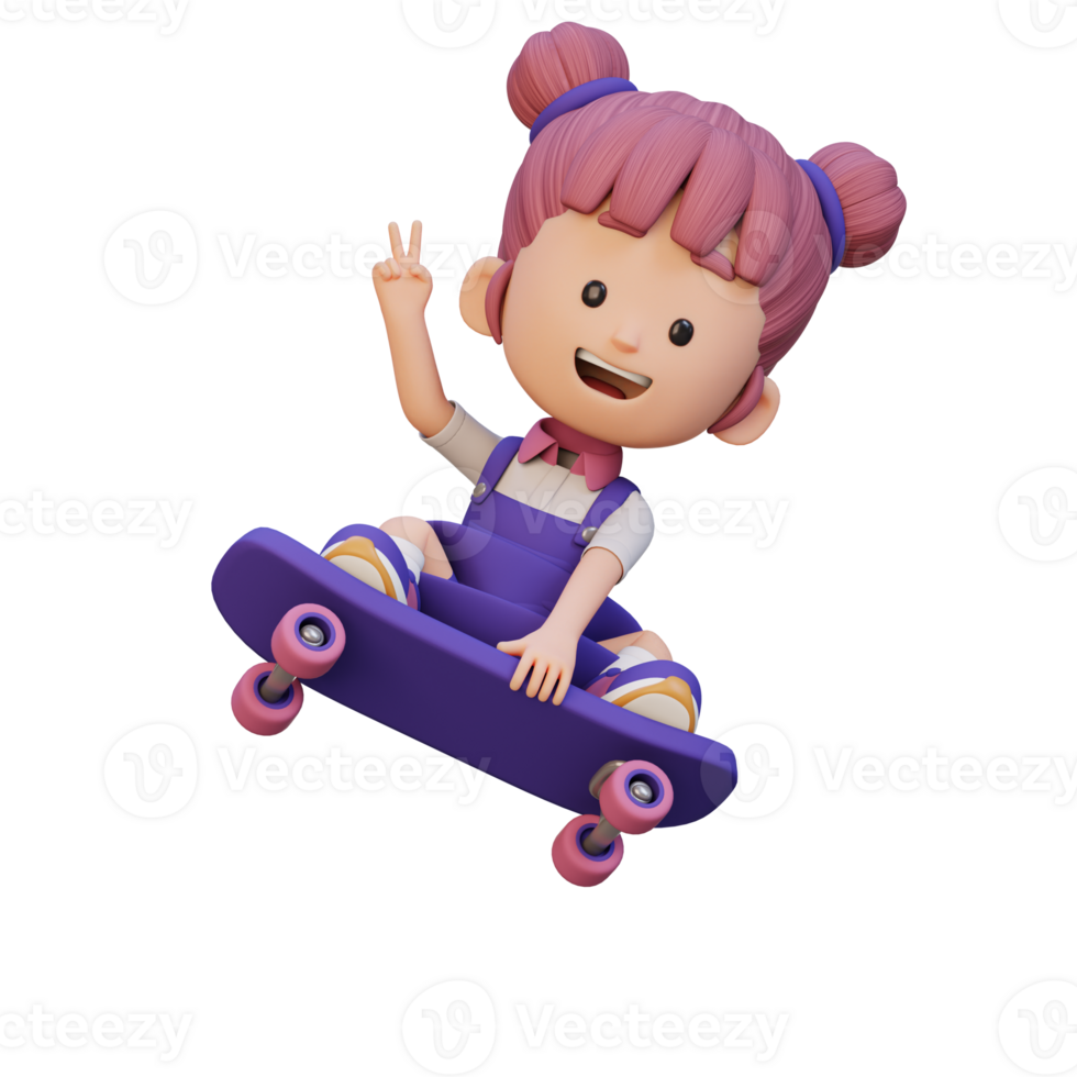 3d niña personaje paseo patineta png