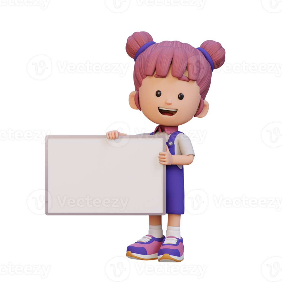 3D girl character holding a blank placard png