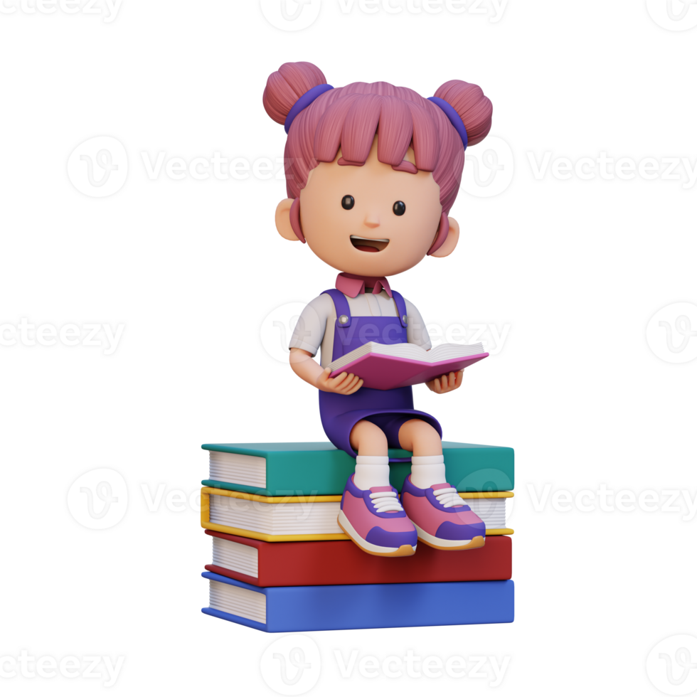 3D happy girl character reading book png