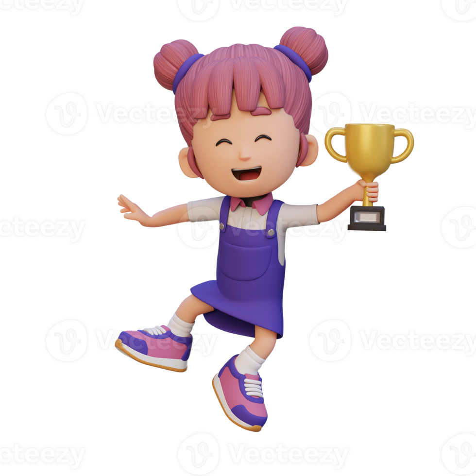 3d niña personaje celebrando ganar participación un trofeo png