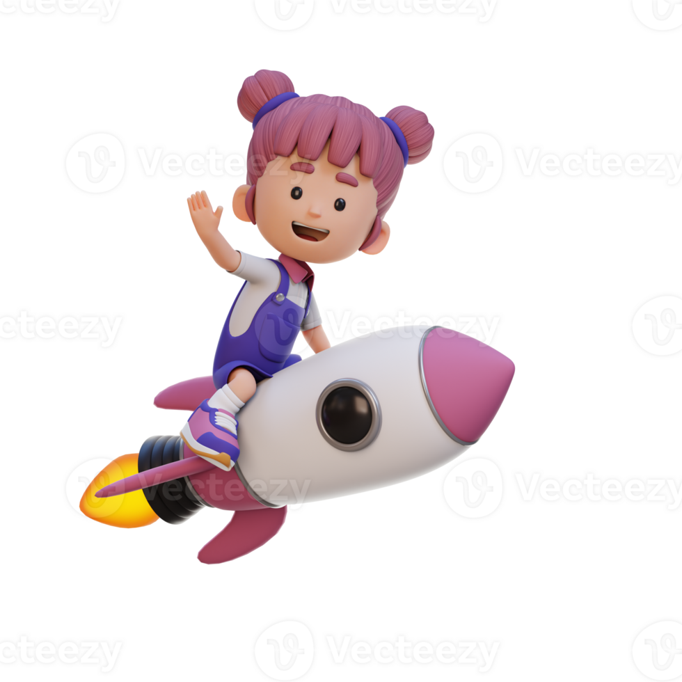 3D girl character riding a rocket and waving hand png