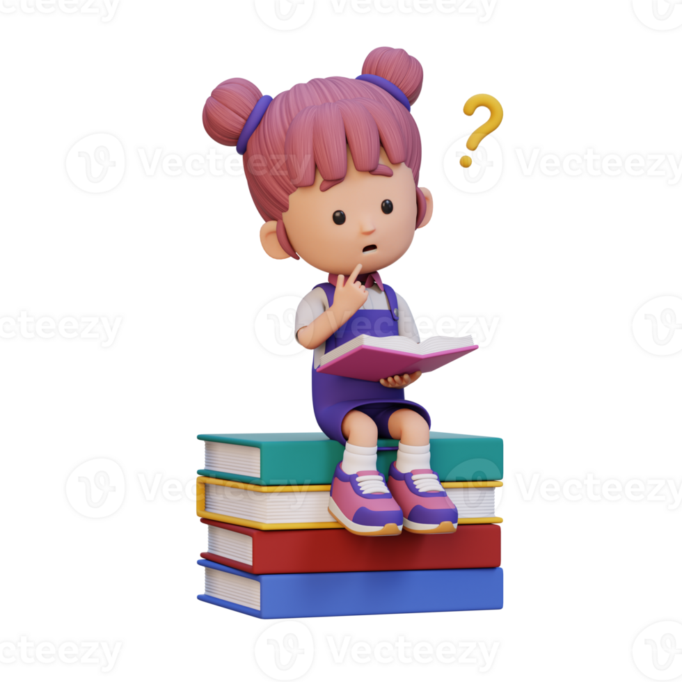 3D girl character get confused when reading a book png