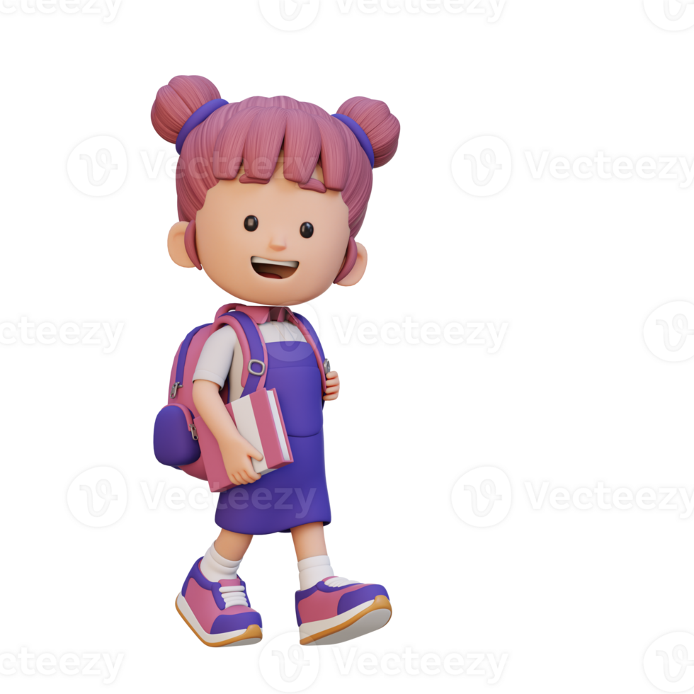 3D happy girl character walking go to school holding book png