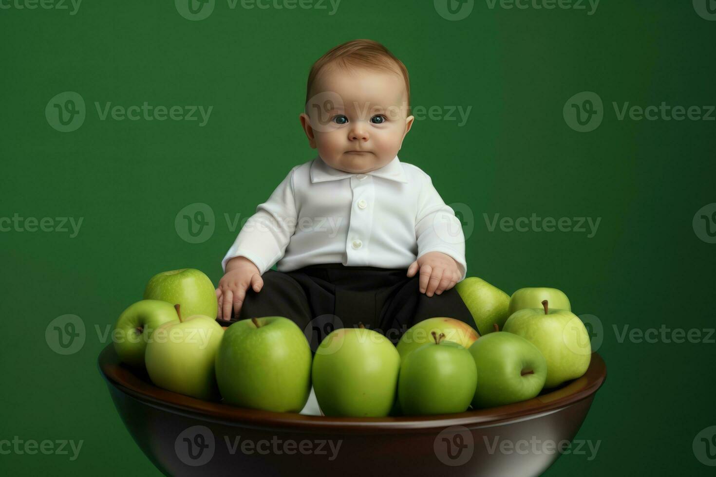 ai generado un bebé rodeado por un cuenco de verde manzanas foto