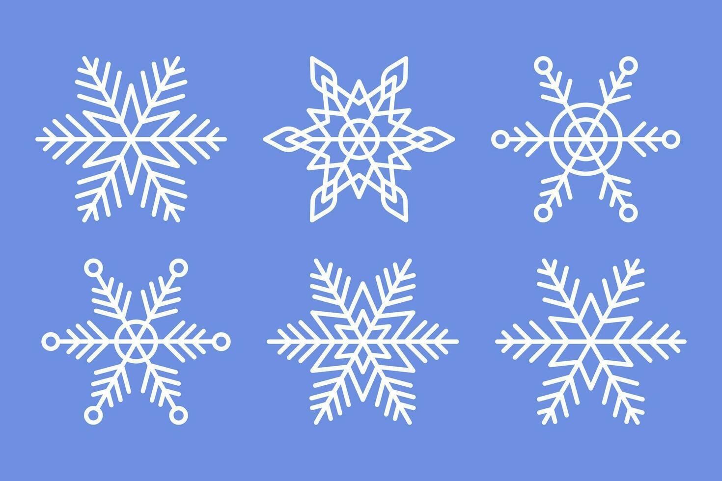 White Snowflakes Set on blue background. Vector Winter isolated icons in silhouette. Snow Crystals.