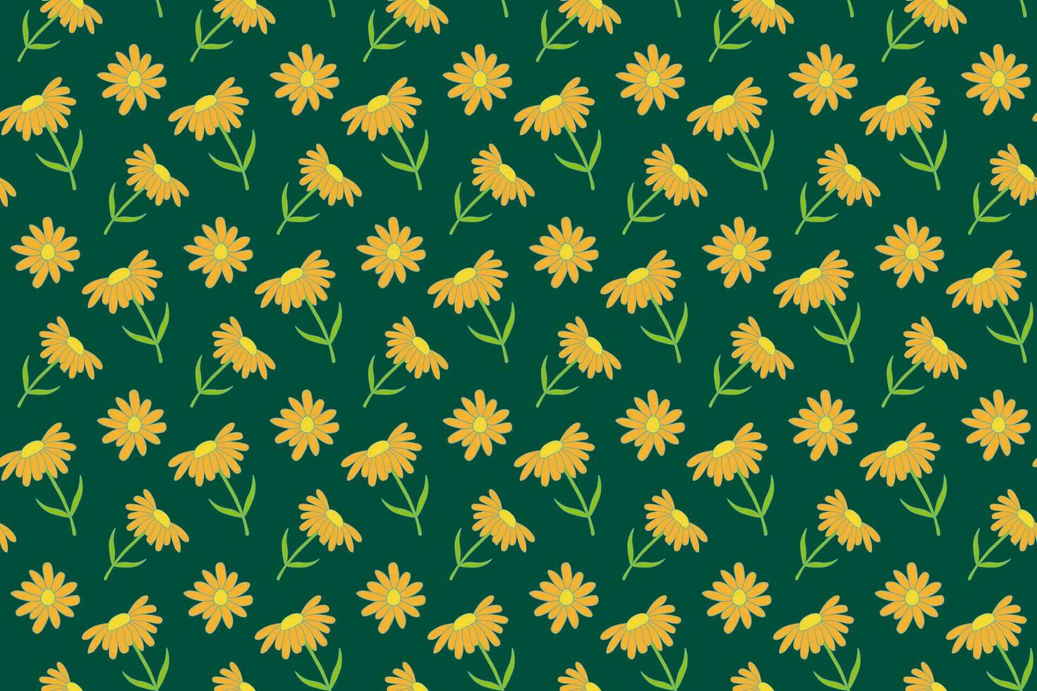 Yellow Daisy Flowers Seamless Pattern. Vector Green Background. Chamomile with Orange Petals. Swatch for Wrapping Paper or Fabric. Flat Style Design