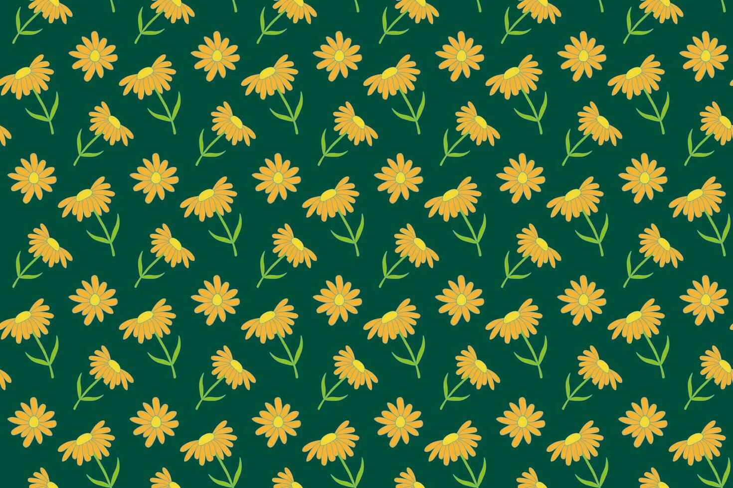 Yellow Daisy Flowers Seamless Pattern. Vector Green Background. Chamomile with Orange Petals. Swatch for Wrapping Paper or Fabric. Flat Style Design