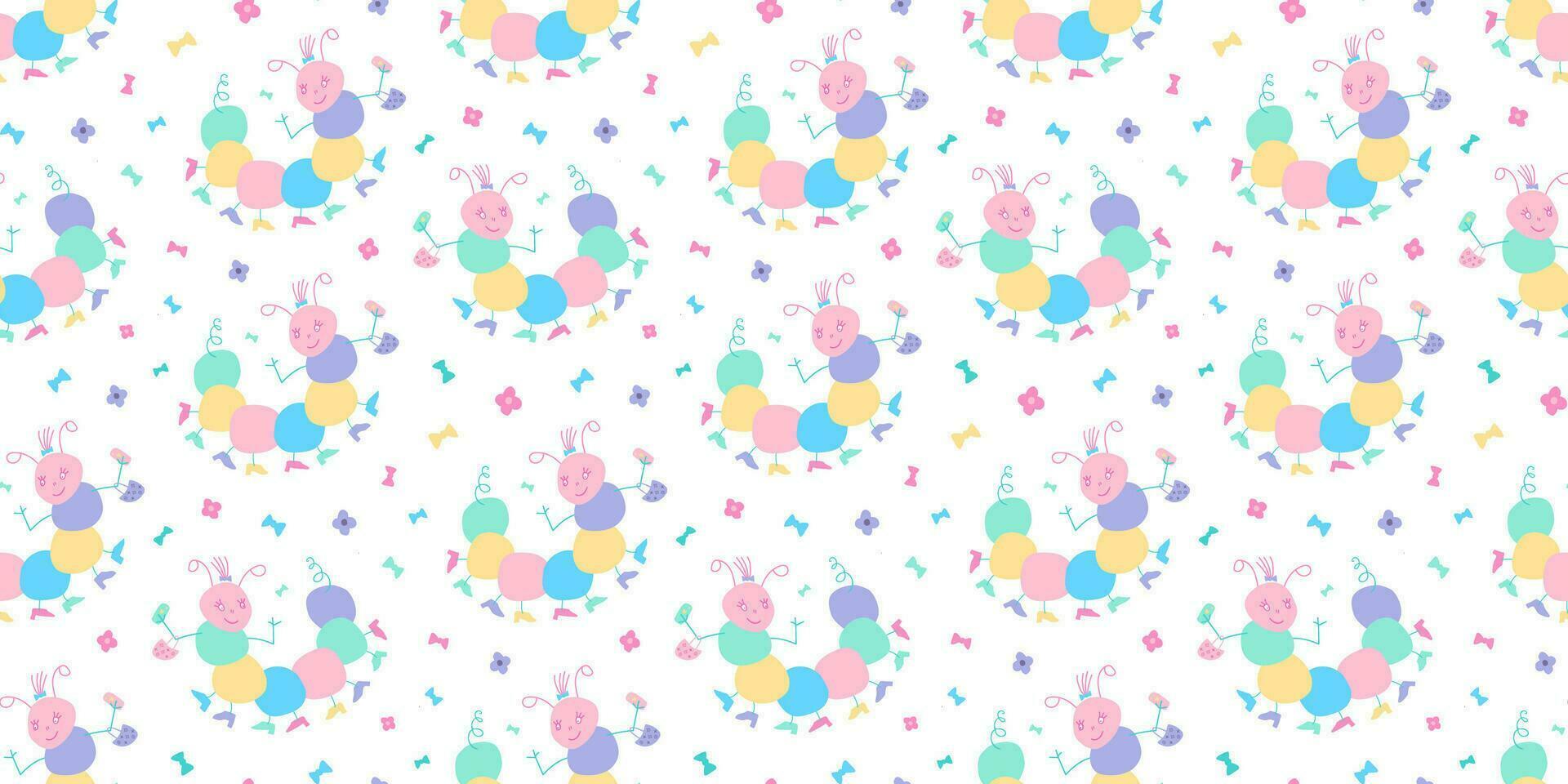 Cute Caterpillar Vector Seamless Pattern. Multicolor Cartoon Vector Illustration for Kids Fabric, Wallpaper, Wrapping Paper.