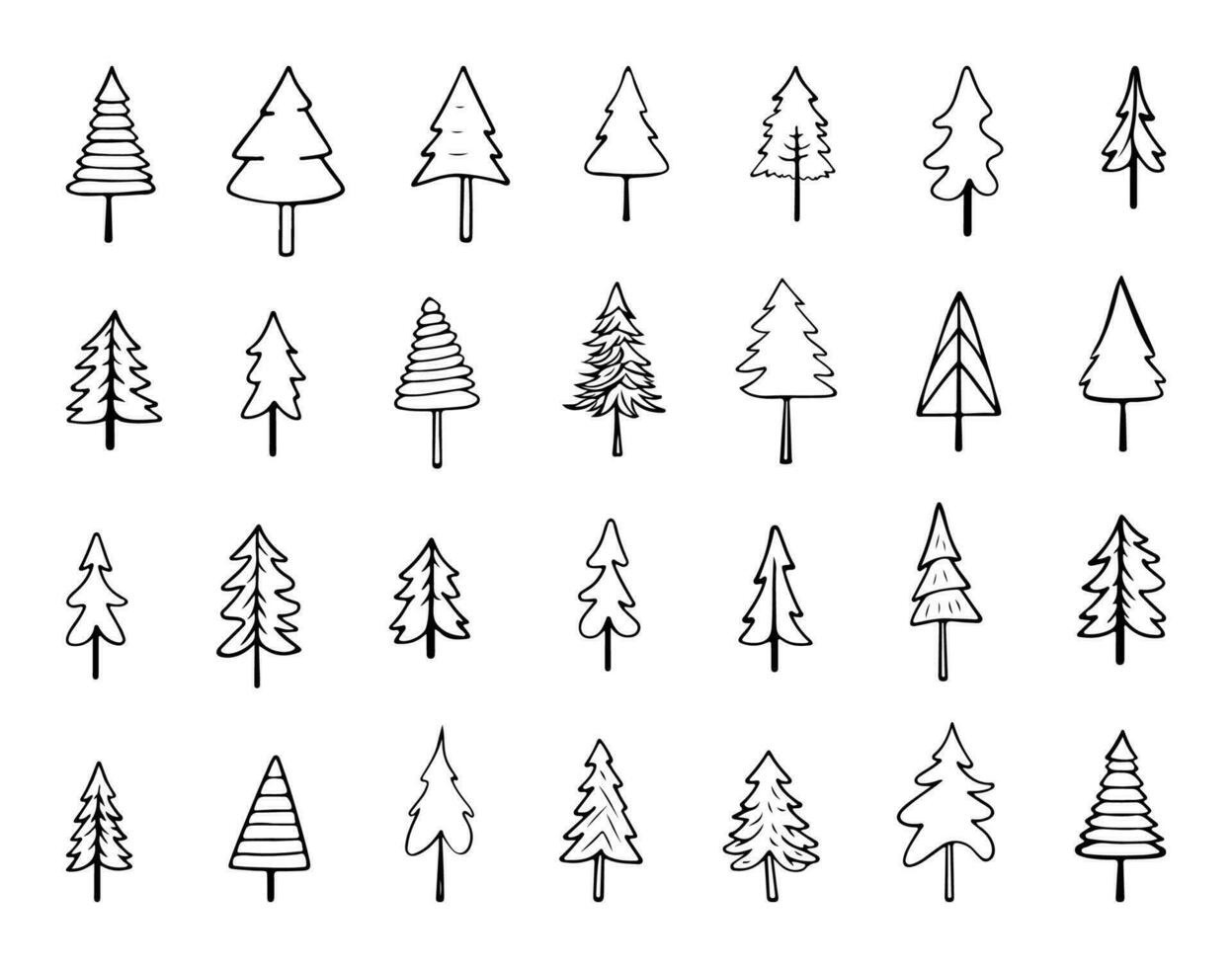 Big Hand Drawn Christmas Trees Doodle Set. Vector Editable Illustration. Black contour of Spruces isolated on white background