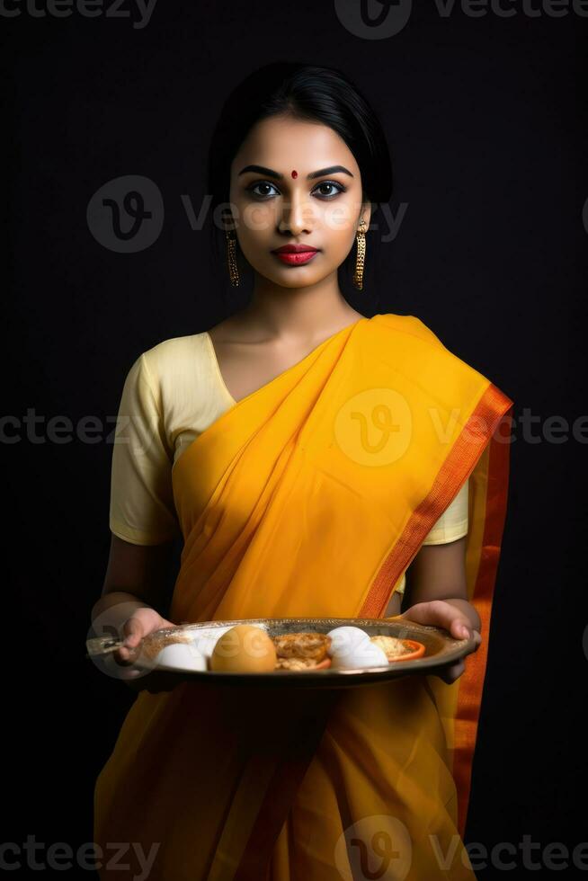 AI generated Traditional Indian woman offering a platter of food photo