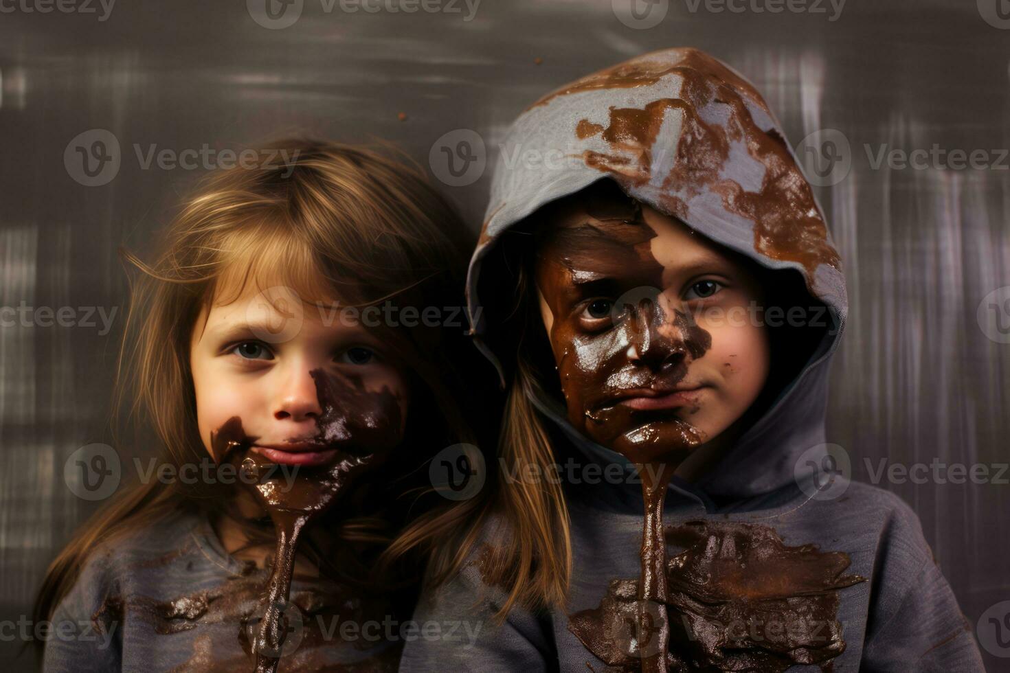 ai generado dos niños con chocolate caras foto