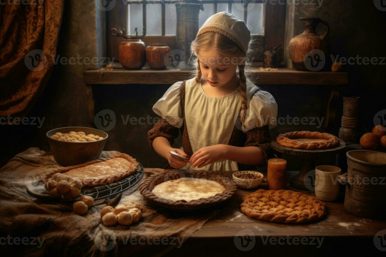 ai generado un pequeño niña en un período vestir es horneando galletas en un cocina foto