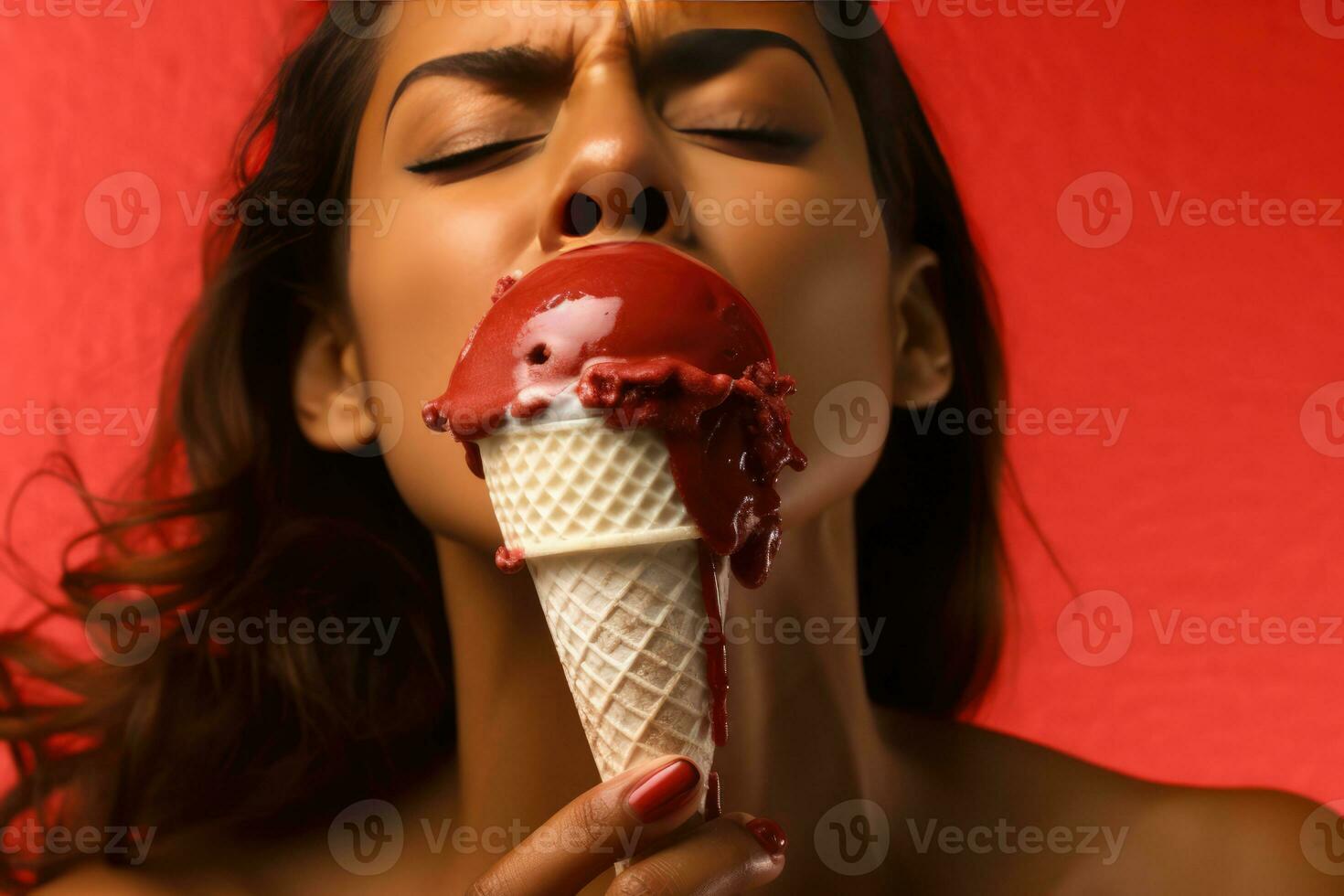 ai generado un mujer saboreando un mordedura de su delicioso hielo crema foto