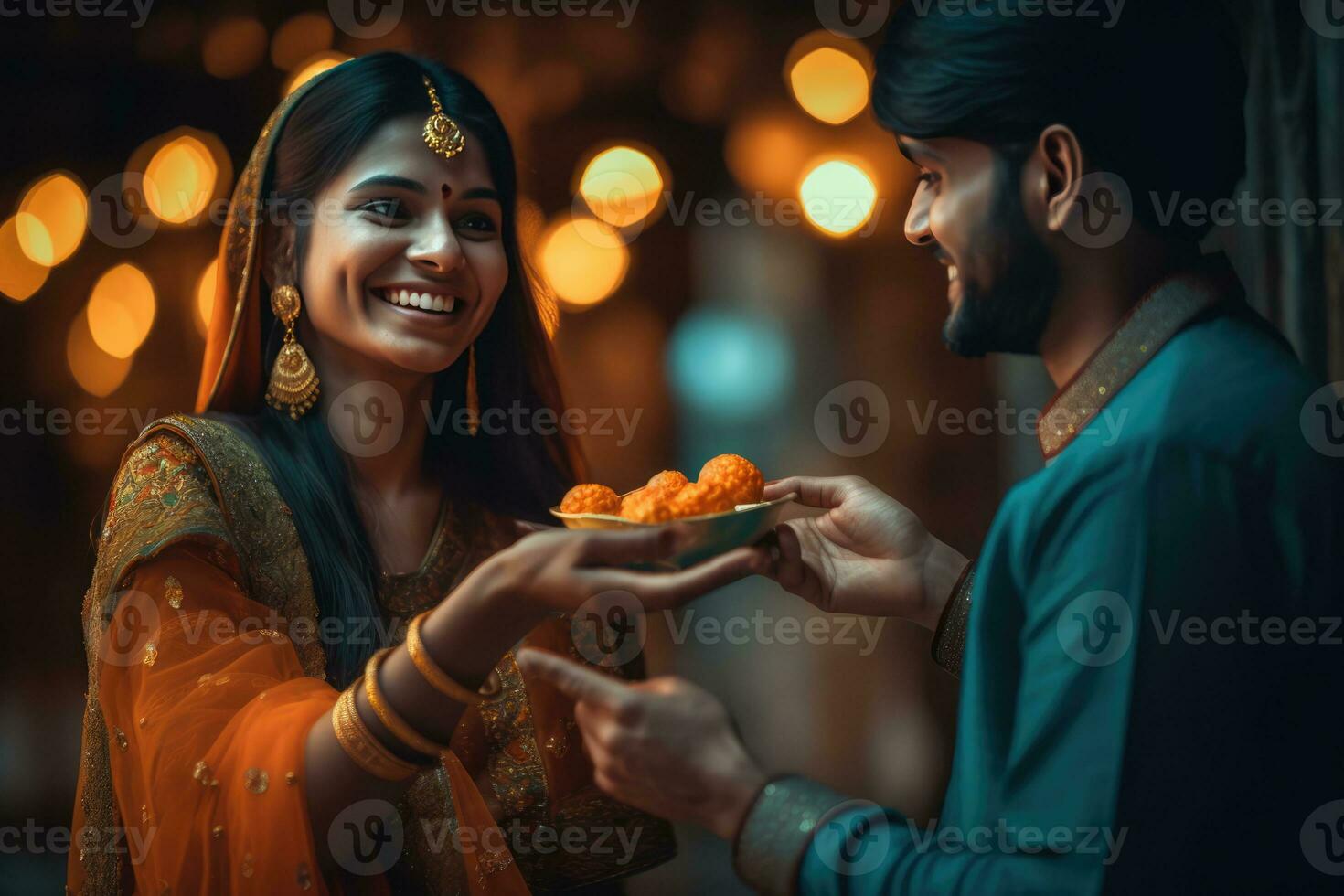 AI generated A Happy Indian Woman Receiving Food from a Man photo