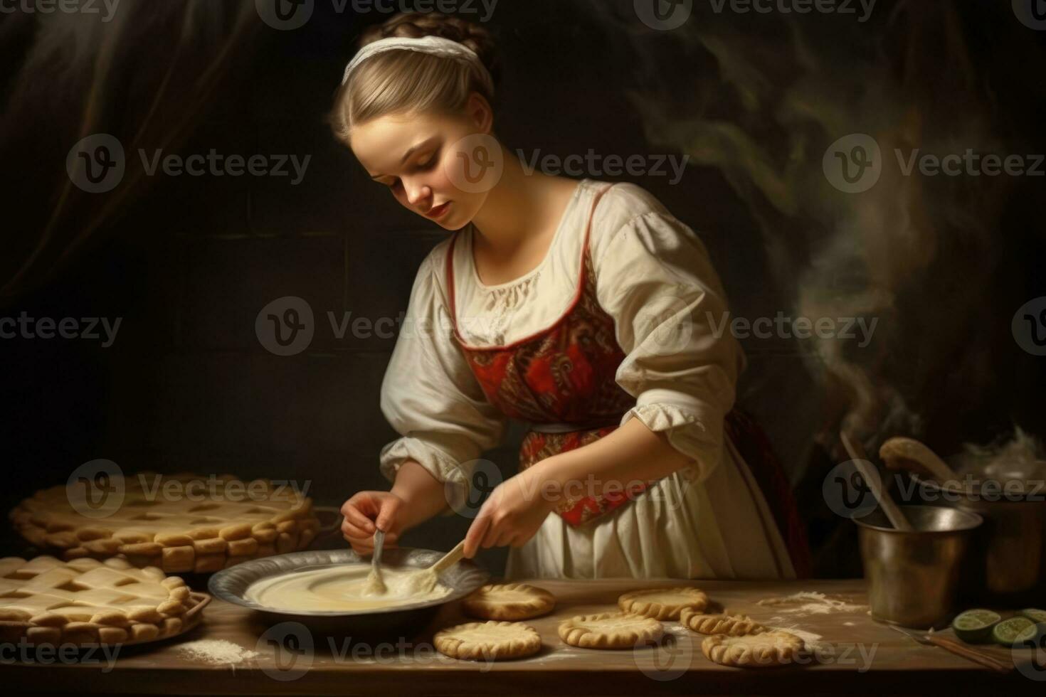 AI generated A woman cooking and decorating pies and cookies in her kitchen photo