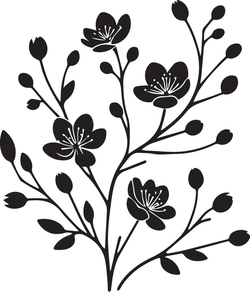 minimal Blooming floral branch silhouette vector illustration, white background 12