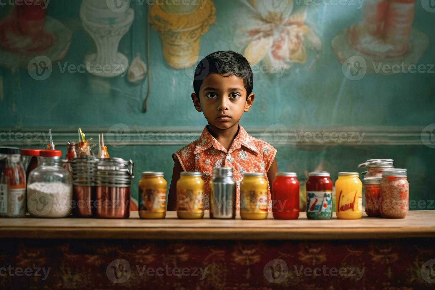 AI generated A Young Boy Poses in Front of a Display of Various Drinks photo