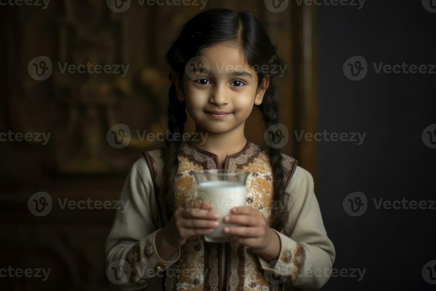 AI generated A little girl with braids holding a glass of milk photo