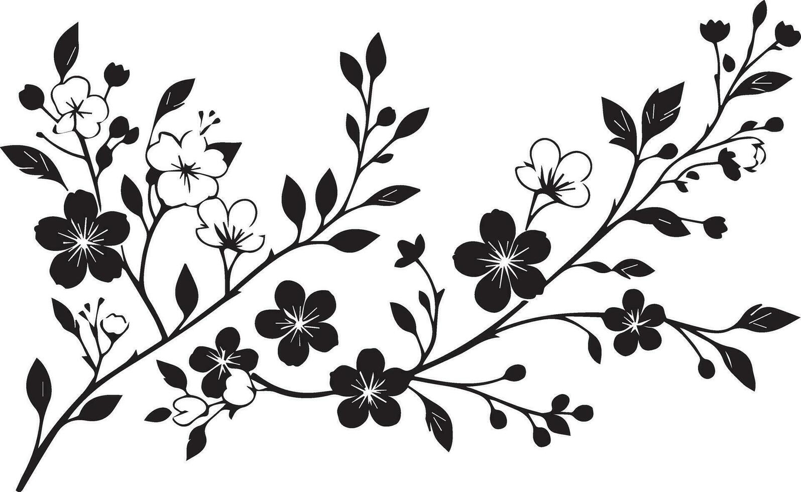 minimal Blooming floral branch silhouette vector illustration, white background