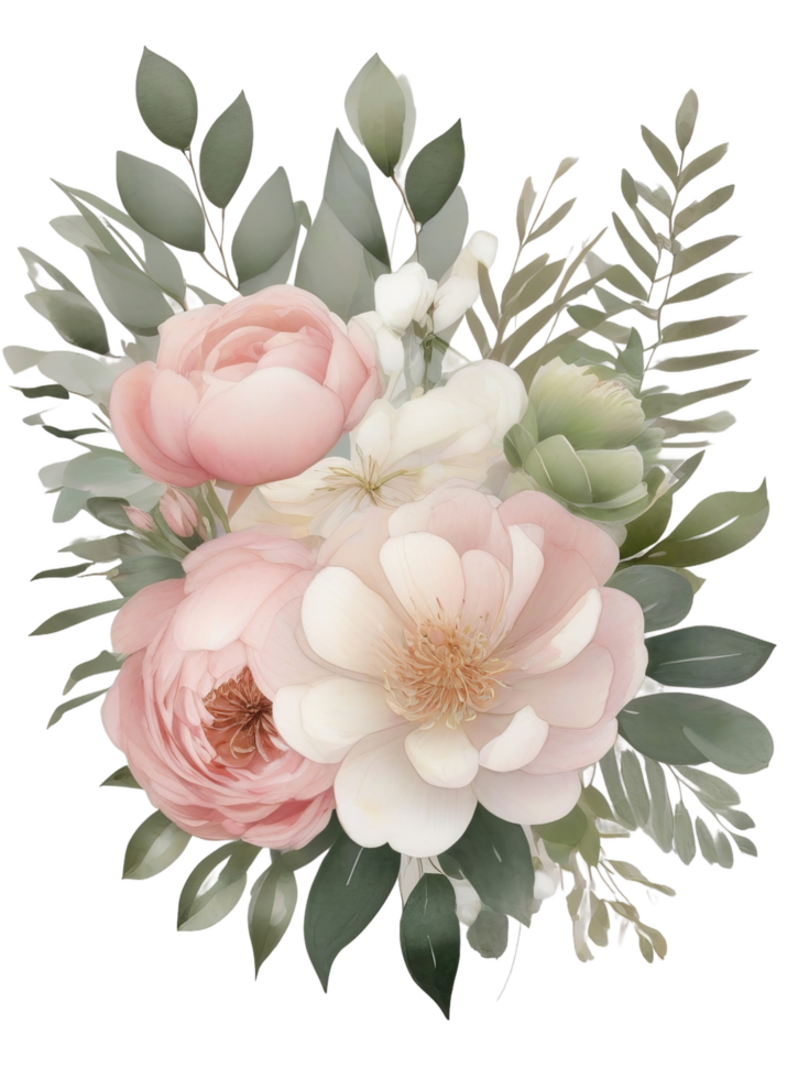 AI generated Free PNG Boho Wedding Bliss Beige Flowers Watercolor Clipart for Invitations, Generative Ai